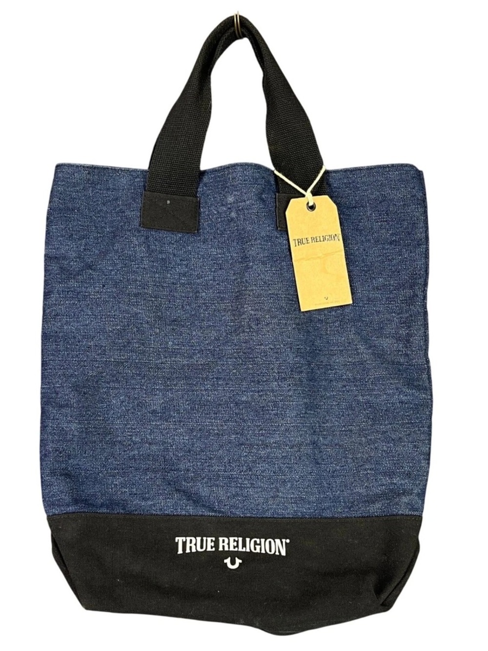 True Religion Blue Denim Tote with Black Trim and Logo
